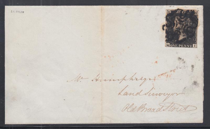 Great Britain Sc 1 on 1841 Penny Black cover, black Maltese Cross cancel ties