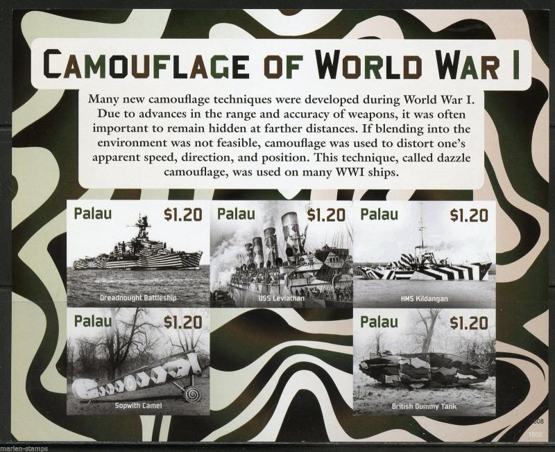 NEVER BEFORE OFFERED PALAU  2015 CAMOUFLAGE OF WORLD WAR I  SHEET  IMPERF NH