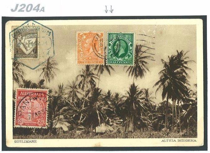 J204a 1935 GB JERSEY PORTUGAL AUSTRALIA Combination Franking Quelimane Postcard