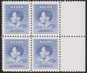 NAURU 1937 Coronation 2½d - the listed re-entry in block of 4 MNH..........A7332