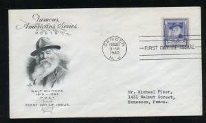 US 867 Walt Whitman Famous American ADDR ArtCraft FDC