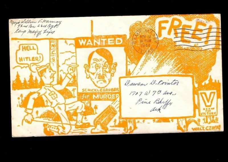 WWII Patriotic Heel Hitler All Over Yellow Camp Maxey 1944 Soldier Mail Cover 5c