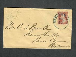 US Sc#26 Cincinnati Ohio Day+Matlack Adv Cover Brownish Carmine