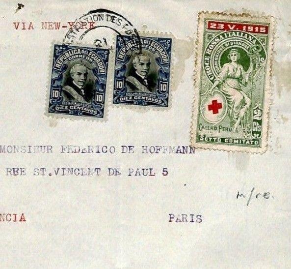 ECUADOR WW1 Cover ITALIAN RED CROSS France 1916 Transatlantic{samwells}F261