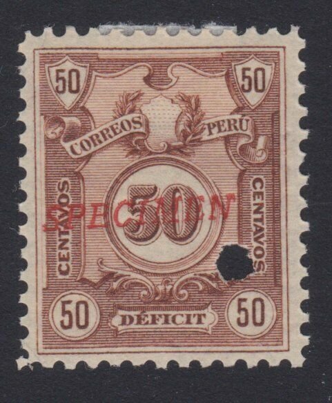 PERU 1909 Postage due SPECIMEN opt in red + security punch hole ............7983