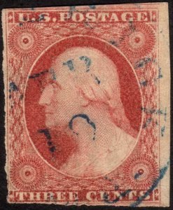 1855, US 3c, George Washington, Used, Sc 11, Blue cancel