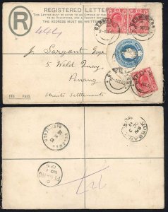 Transvaal 1905 regd stationery env to Penang GERMISTON postmarks