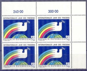 Austria 1986 International Year of Peace Birds Mi. 1837 Block of 4 MNH