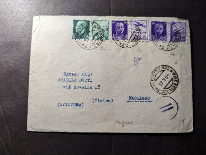 1943 Censored Italy Cover Brescia to Massagno Ticino Switzerland