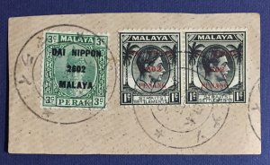 Malaya Japanese Occupation Straits KGVI 1c & Perak 3c Used on piece M5170