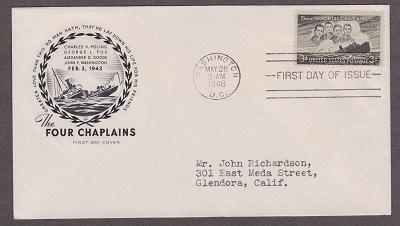 956 Four Chaplains House of Farnam FDC with neatly typewritten address