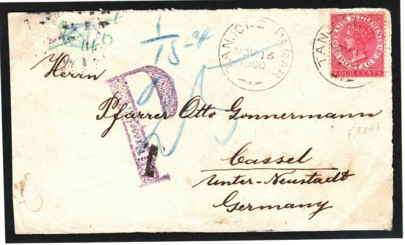 MALAYA *Tanjong Pagar* UNDERPAID 1900 Cover Front DISTINCTIVE *P* Taxe Mark MC41