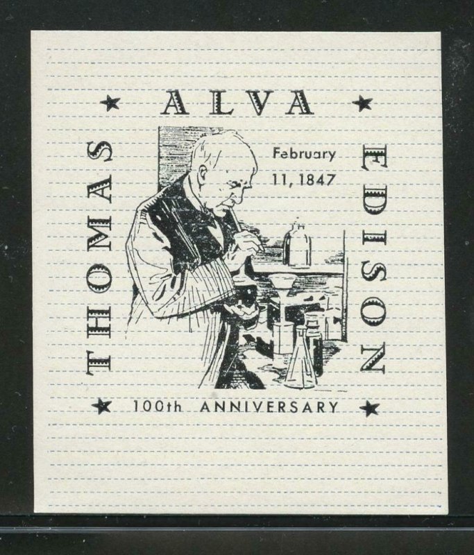 90510 - 100th ANNIVERSARY THOMAS A EDISON - MNH 1947 POSTER STAMP- 