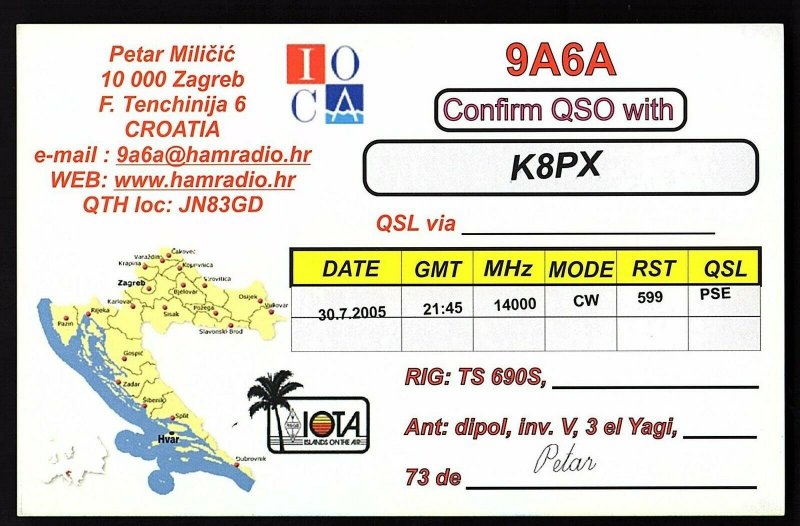 QSL QSO RADIO CARD Photo of Island HVAR/Petar Milicic,9A6A,2005,Croatia(Q2165)