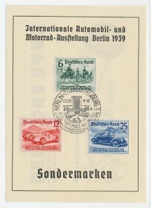 Commemorative sheet / Postmark Deutsches Reich / Germany 1939 Car and Motorcycle