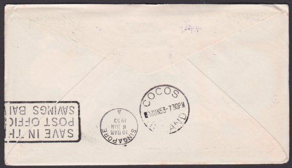 GB 1953 Qantas Coronation flight cover to COCOS IS via Singapore............8769