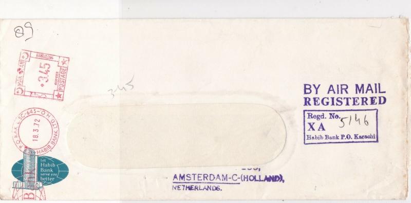 Pakistan 1972 Habib Bank Slogan Regd Airmail Meter Mail Stamps Cover Ref 29333