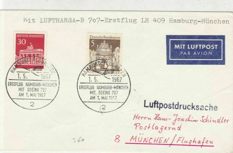 Germany 1967 Boeing Jet707 Hamburg-Munich LH409 1stFlight Stamps Cover Ref 28749