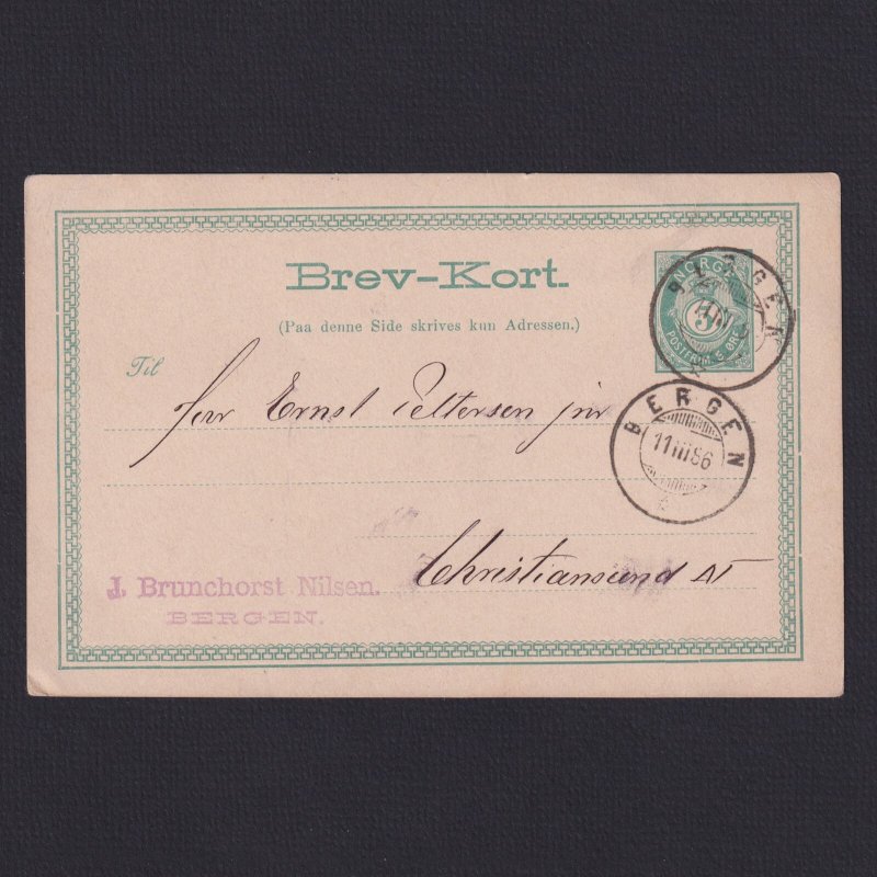 NORWAY 1886, Mi #P26, Pre-stamped card from Bergen