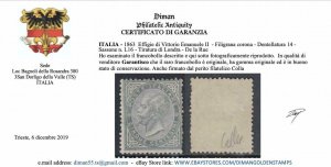 ITALY 1863 De La Rue Sassone L16 MH* cv 3600$ Signed Colla + Certificate