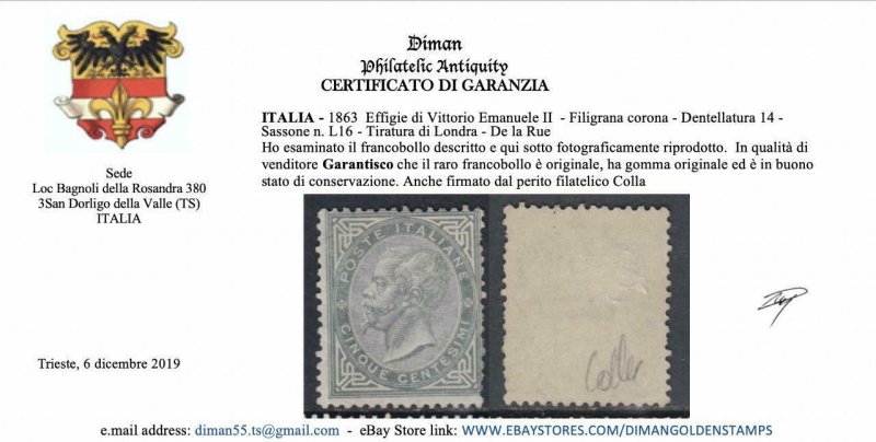 ITALY 1863 De La Rue Sassone L16 MH* cv 3600$ Signed Colla + Certificate