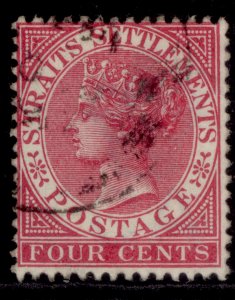 MALAYSIA - Straits Settlements QV SG98, 4c deep carmine, FINE USED.