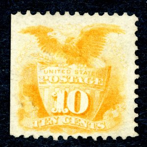 #116 – 1869 10c Shield and Eagle, yellow.  Used very light cancel.  VF