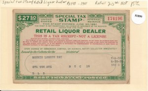 $27.50 Retail Liquor Dealer Special Tax Stamp 1950-1951 (51890)