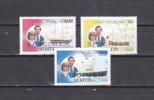 St. Kitts, Scott cat. 75, 77, 79a. Royal Wedding values. Specimen o/p. ^