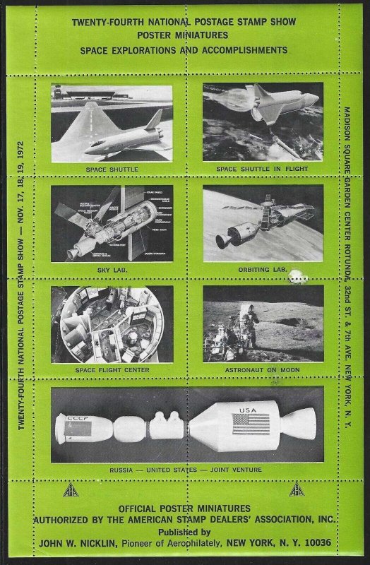 A.S.D.A. 1972 Stamp Show, Space Exploration, Sheet of 8 Poster Stamps, Green
