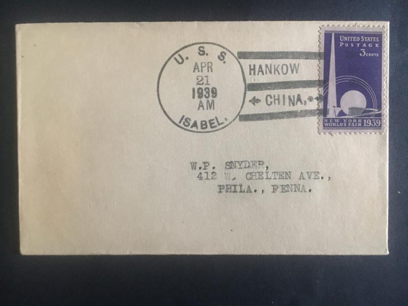 1939 US Navy Post Office Hankow  China Cover to USA USS Isabel