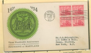 US 736 1934 3c Maryland Tercentenary bl of 4 on a Linprint cacheted FDC