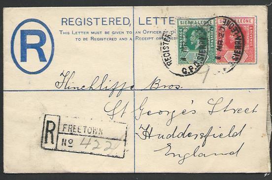 SIERRA LEONE 1920 GV 2d small registered envelope used to UK...............56809