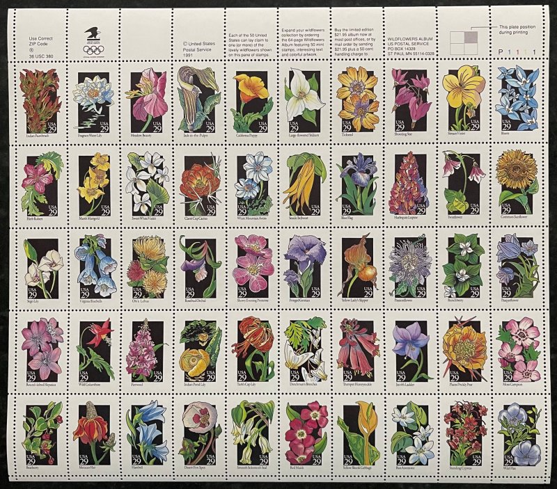 MALACK 2647 - 96a VF OG NH, 29c Wildflowers Sheet, b..MORE.. sheet2696a