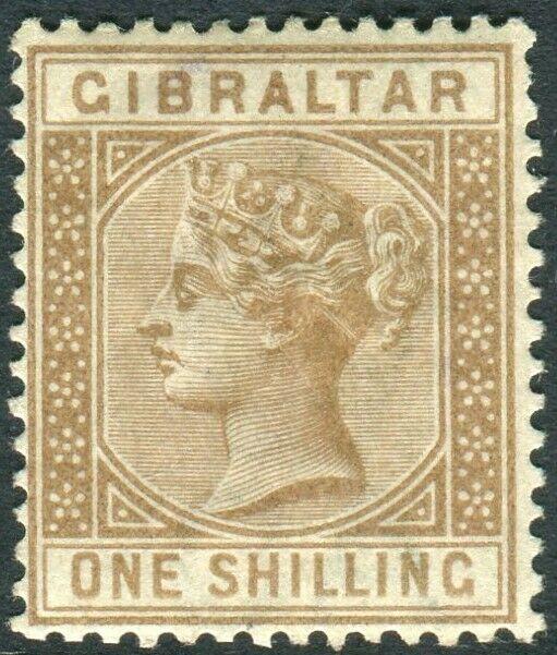 GIBRALTAR-1886-7 1/- Bistre.  A mounted mint example Sg 14