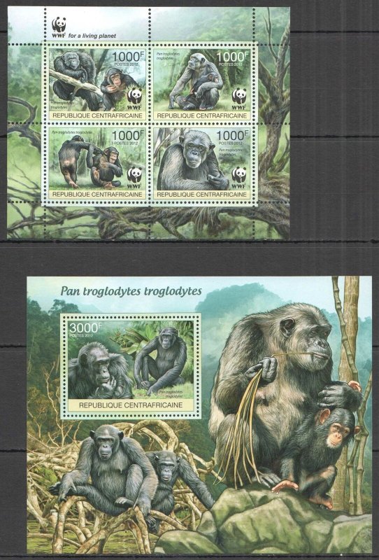 A1200 2012 Central Africa Wwf Monkeys Primates Animals #3682-3685 Kb+Bl952 Mnh