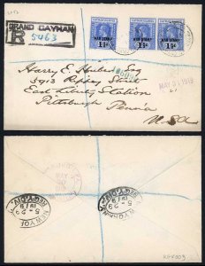 Cayman Islands 1919 1 1/2d War Stamp x3 reg d cover to USA GEORGETOWN pmks