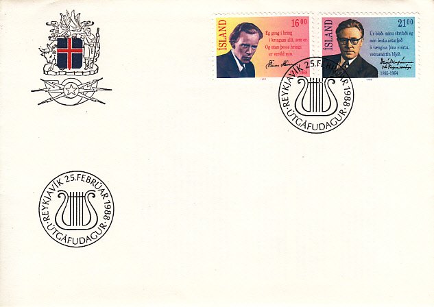 Iceland 1988 FDC Sc #654-655 Poets - Steinn Steinarr, David Stefansson