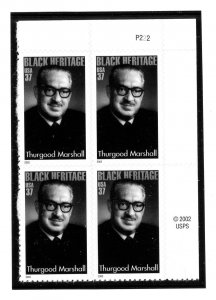 US  3746   Thurgood Marshal 37c - Plate Block of 4 - MNH - P222 UR