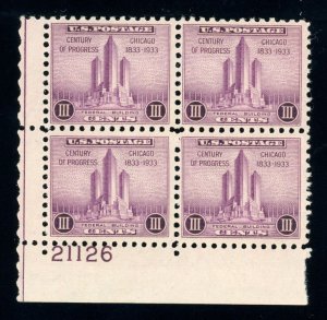 US Stamp #729 Century of Progress 3c - Plate block of 4 - MNH - SMQ $4.00