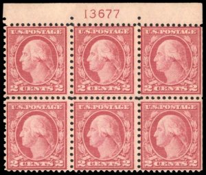 United States, 1910-30 #540 Cat$230, 1919 2c carmine rose, plate block of six...