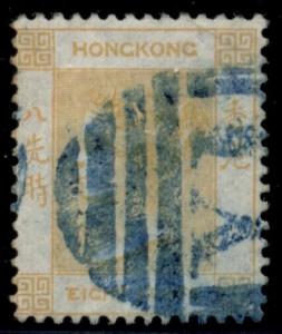 HONG KONG #13, 8¢ orange buff, used, INVERTED WMK & blue YOKOHAMA CANCEL, VF