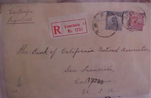 CHINA REGISTERED 1919 TIENTSIN TO USA on FRONT ONLY