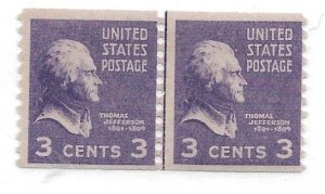 1939 Sc842 3¢ Thomas Jefferson joint line pair MNH