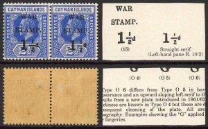 Cayman Is SG54b 2 1/2d Straight Serif in Pair M/M (gum toned) Cat 102 pounds