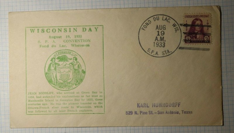 WI Day SPA Fond du Lac Jean Nicolet Phllatelic Convenion Cachet Cover 1933