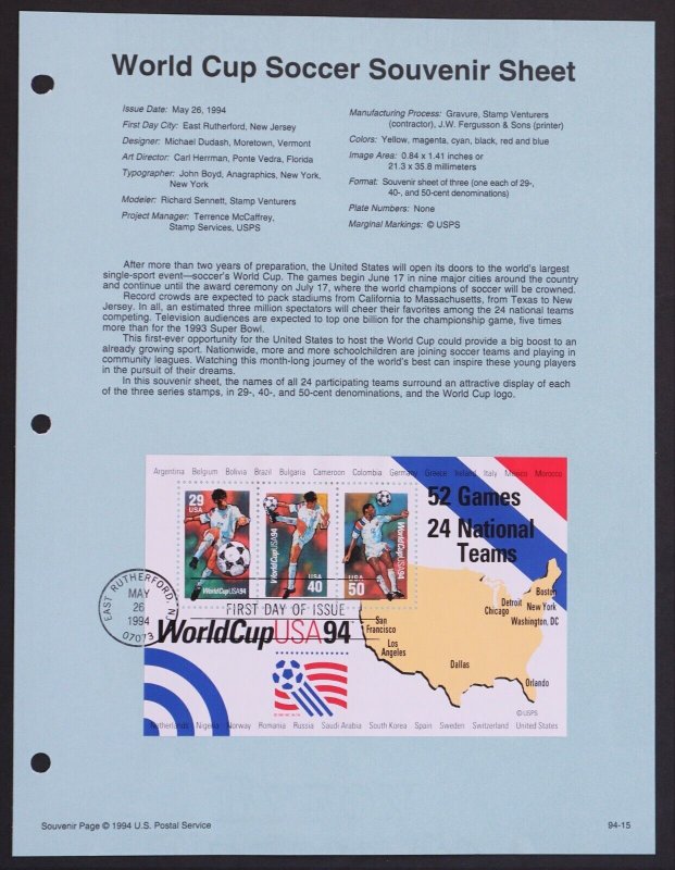 U.S. Used #2837 29c – 50c 1994 Soccer World Cup Sheet of 3, Souvenir Page