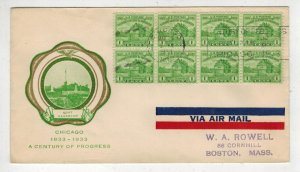 1933 CHICAGO WORLD'S FAIR 728-4 RICE BLOCK OF 8 AIRMAIL USAGE