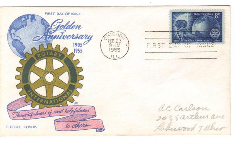 US 1066 (Me-8) 8c Rotary International FDC Fluegel Multi-Color Cachet ECV $70.00