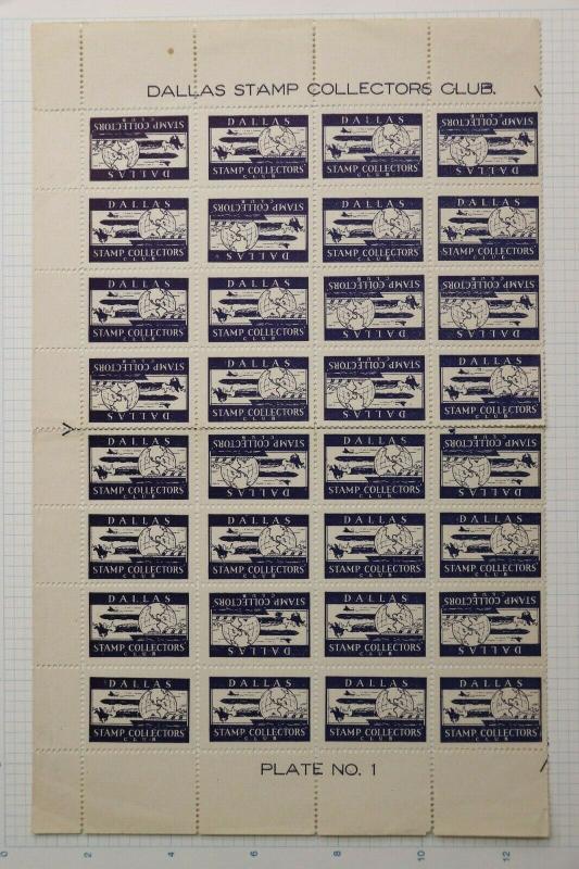 Dallas stamp collector club  half sheet plate 1 philatelic label poster seal DM